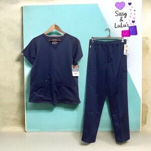 Hanes Scrubs Set Womens M Navy Blue V-Neck Top Drawstring Pants NWT